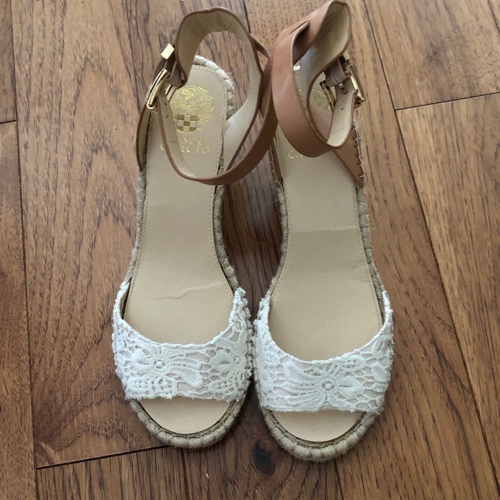 Vince Camuto Lace Espadrille Wedge Sandals with Tan Ankle Strap